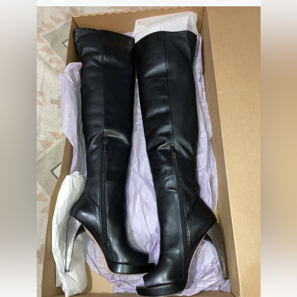 Herve Leger Thigh High Platform Heel Siren Boots Women’s 10 Black Leather New - Picture 6 of 13